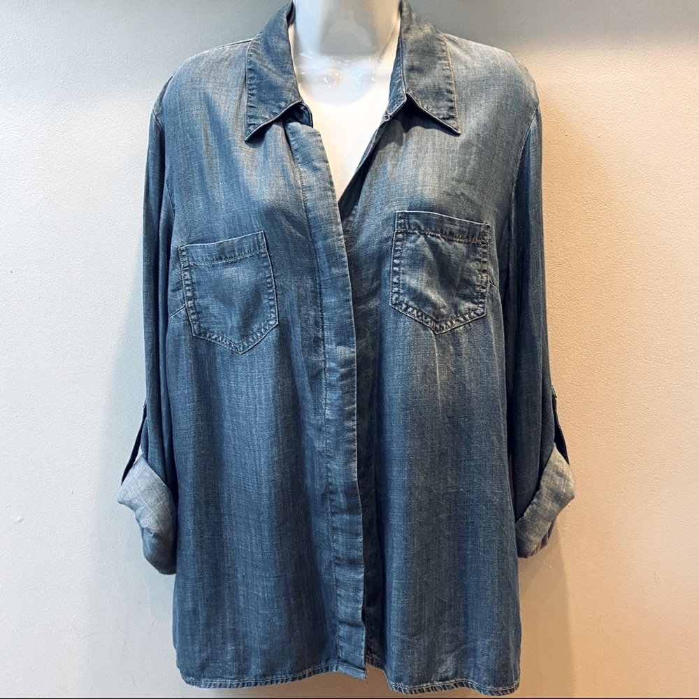 Tribal Jeans 100% Lyocell Chambray Shirt Roll up Sleeves Split Back Size Large